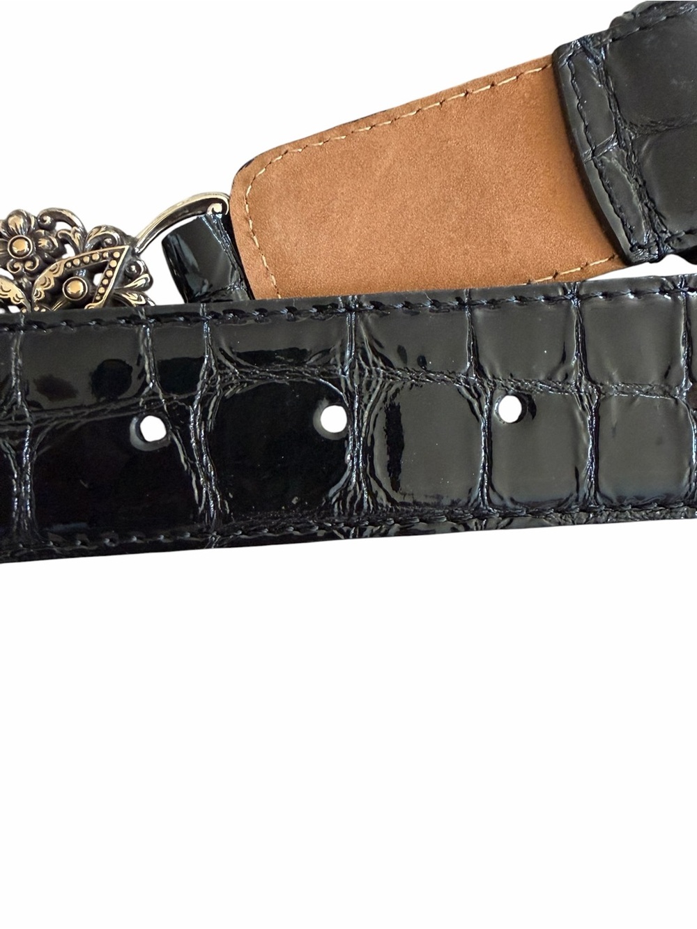 Vintage Brighton Black Croc Embossed Leather Belt Silver Crystal Buckle Size 32 - Picture 3 of 13